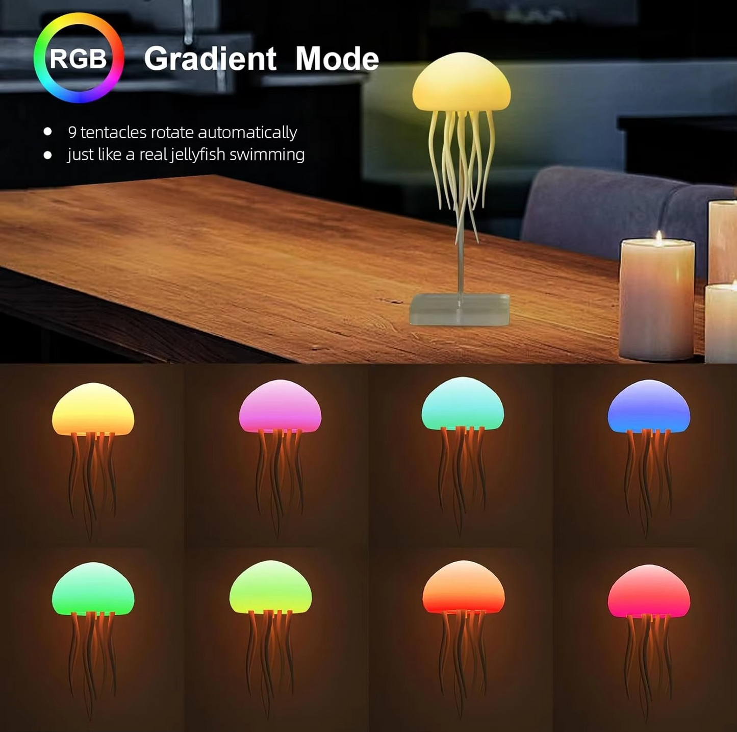 Smart LED Jellyfish Lamp with Dancing Tentacles – Rechargeable RGB Mood Light for Bedroom & Desk Decor
